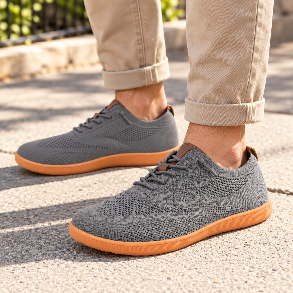 Strada Pro gray and tan shoes - worn on feet, cropped below the waist | OrthoKicks
