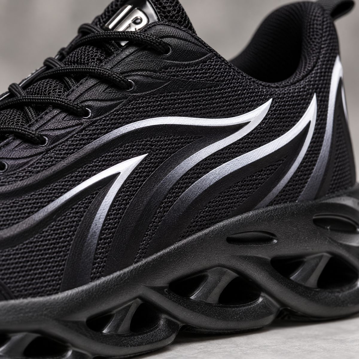 Cloudstep Cushion Trainers black shoes - close-up material and sole detail | OrthoKicks