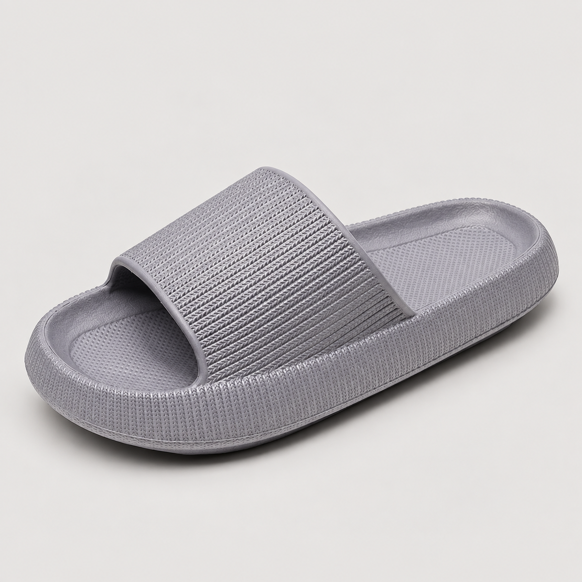 Pillowstep Slides gray shoes - studio side view | OrthoKicks