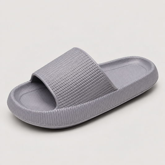 Pillowstep Slides gray shoes - studio side view | OrthoKicks