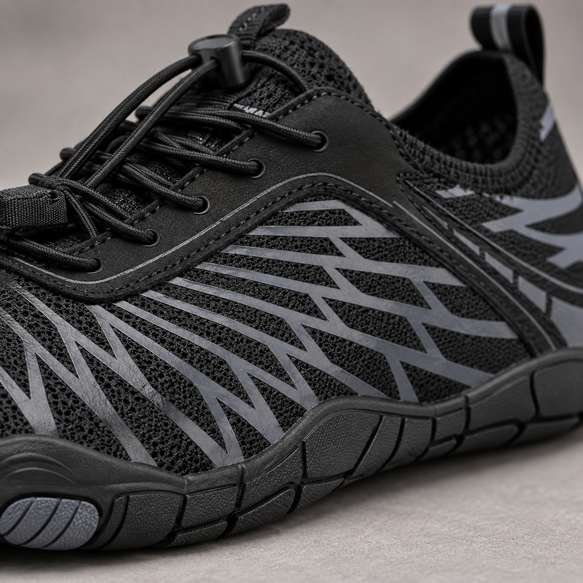 Terra Pro black shoes - close-up material and sole detail | OrthoKicks
