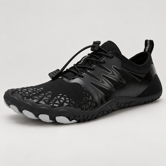 Ridgeline black shoes - studio side view | OrthoKicks