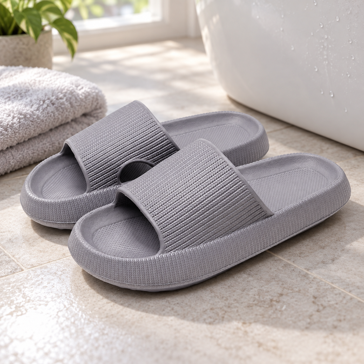 Pillowstep Slides gray shoes - lifestyle context photo | OrthoKicks