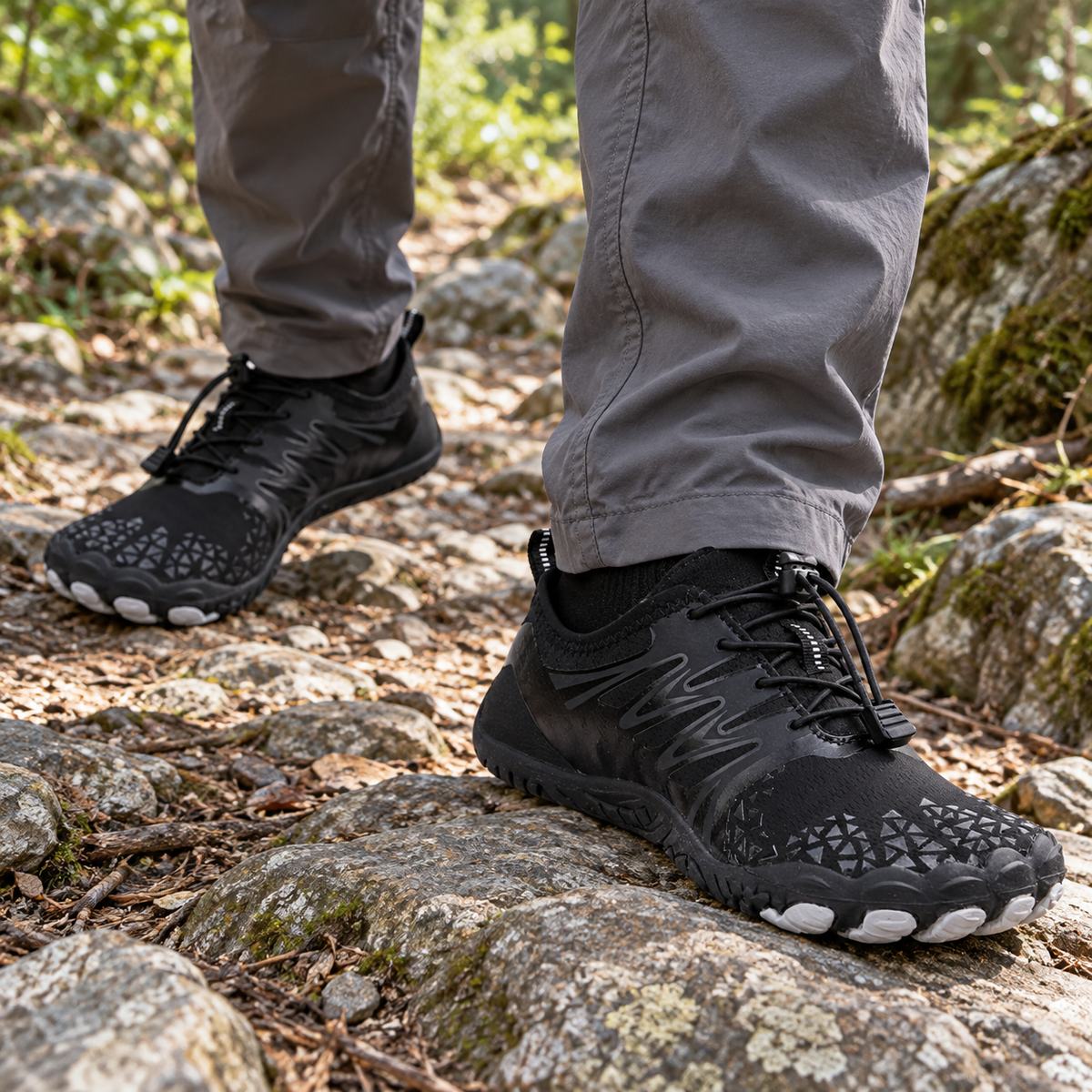 Ridgeline black shoes - worn on feet, cropped below the waist | OrthoKicks