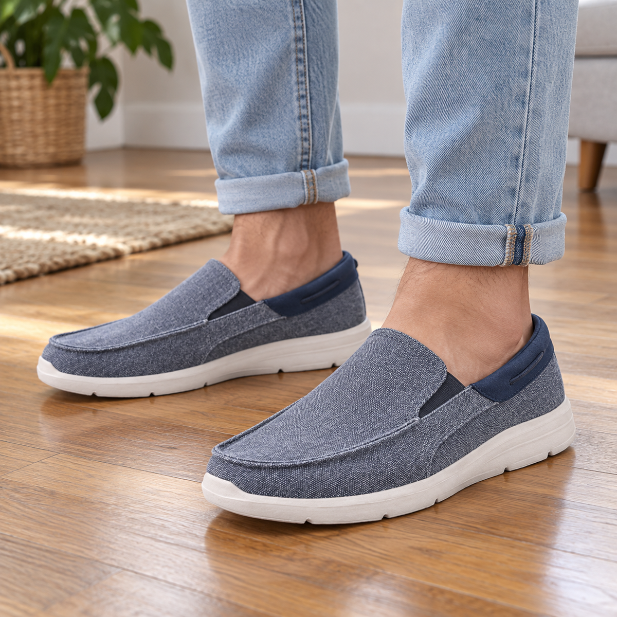 Comfort Stretch Loafer blue shoes - worn on feet, cropped below the waist | OrthoKicks