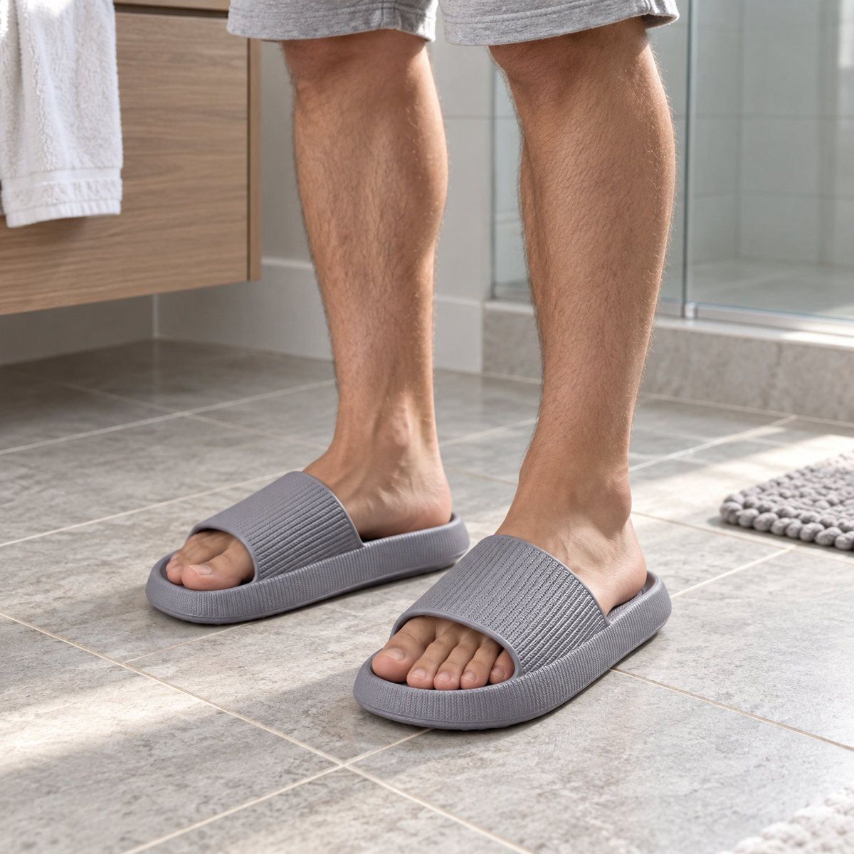 Pillowstep Slides gray shoes - worn on feet, cropped below the waist | OrthoKicks