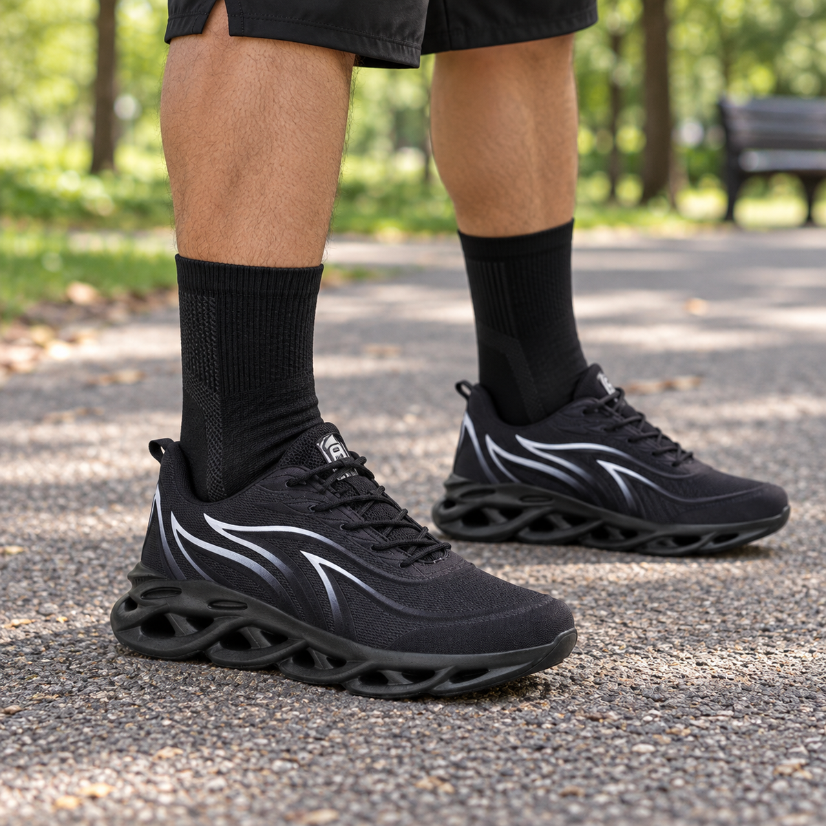Cloudstep Cushion Trainers black shoes - worn on feet, cropped below the waist | OrthoKicks