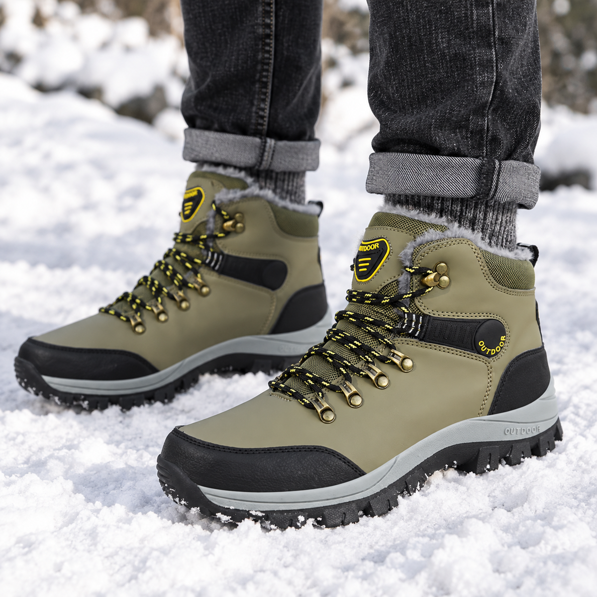 Frostline Men's Winter Boots - worn on feet, cropped below the waist | OrthoKicks