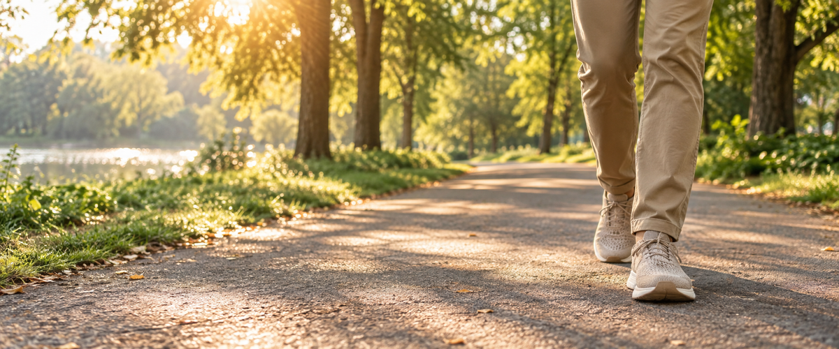 Person walking on a park path in comfortable knit sneakers at golden hour | OrthoKicks